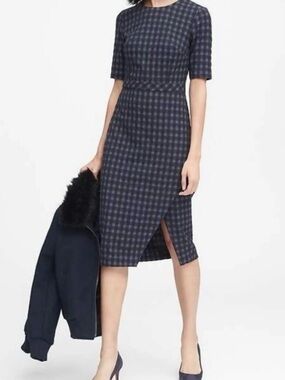 Banana Republic Navy Checked Midi Sheath Dress